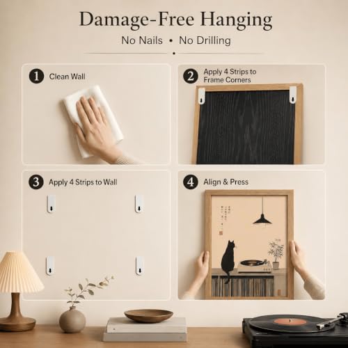 Japanese Cat Record Player Wall Art - Framed 10x8 Inches, Minimalist Music Decor