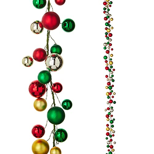 Christmas Garland with Red Green and Gold Ornament Balls - 6 Feet Long