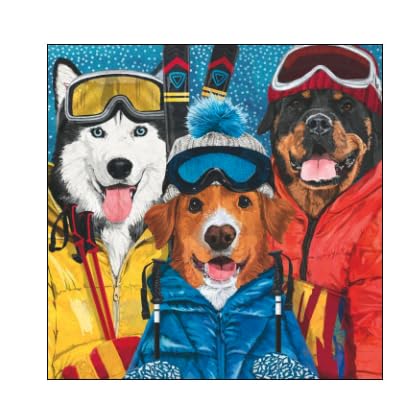 Winter Skiing Dogs Cocktail Napkins - Colorful Jackets & Snow Scene, 20 Pack