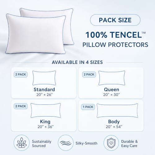 White King Size Tencel Lyocell Pillow Protector 2 Pack with Zipper - Hypoallergenic & Cool