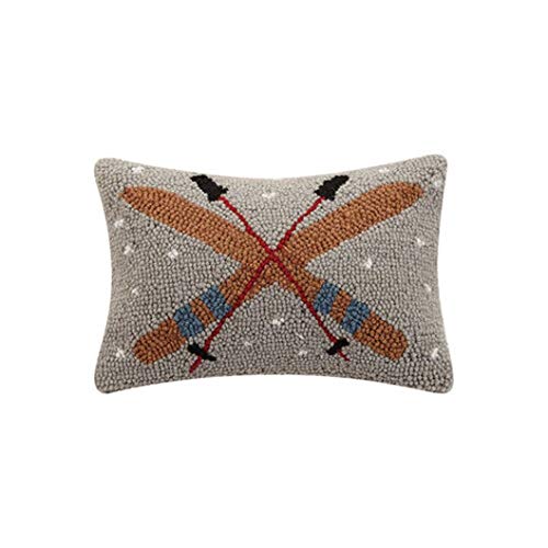 Christmas Ski Hooks Pillow 12-Inch Wool Decor for Winter Holiday