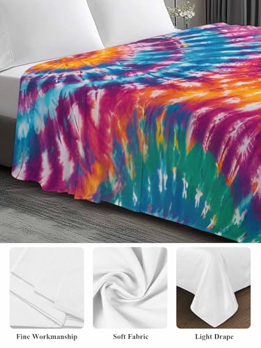 Colorful Tie-Dye Flat Sheet Full Size Ethnic Style Microfiber Bedding - Emerald Green, Light Purple & Orange