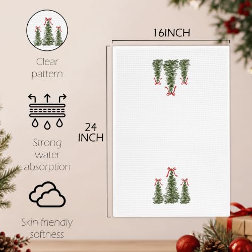 EGBTL Coquette Bow Christmas Tree Kitchen Towels - Three Tree Variation, Red Ribbon Xmas Hand Towels, 16x24 Inches
