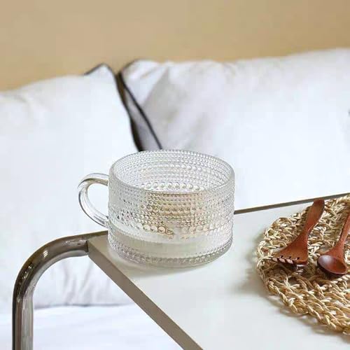 6 Pcs Clear Embossed Glass Coffee Mugs with Handle - 14oz Drinkware Set