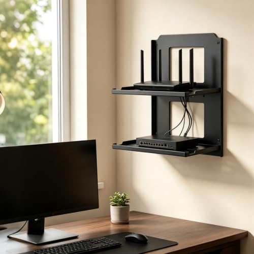 2‑Tier Foldable Wall Mount Router Shelf - Black Metal, 10" Wide