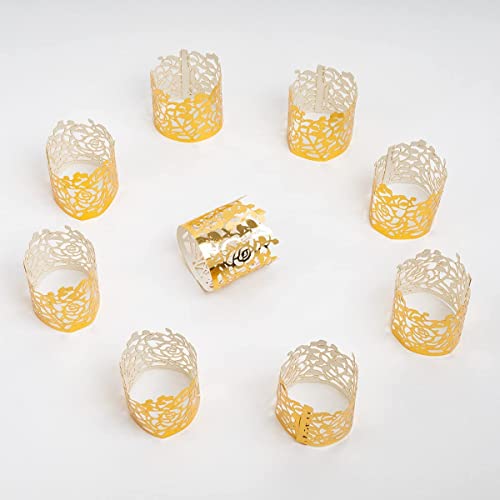 Disposable Rose Flower Napkin Rings Set of 100 - Gold Laser Cut Foil Table Decor for Weddings & Parties