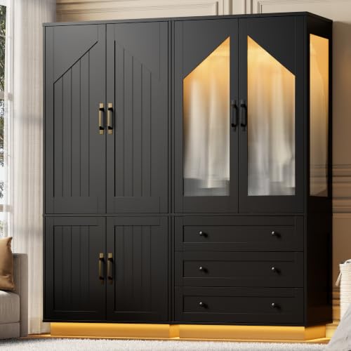 Gyfimoie Tall Armoire Wardrobe Closet with 2 Doors and 3 Drawers - Black Variation