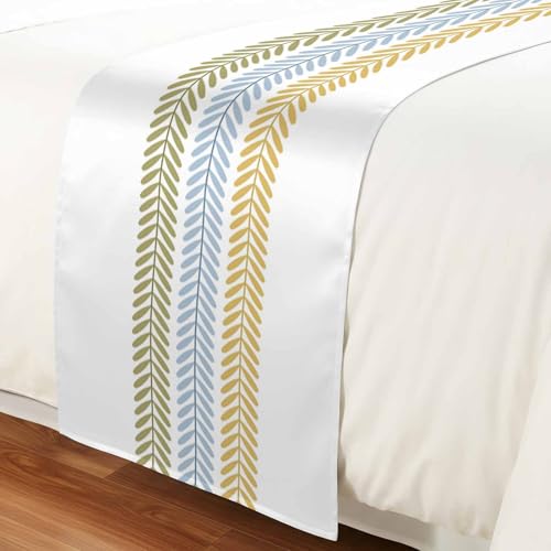 King Size Bed Runner with Botanical Leaves - Green Blue Yellow Decorative Scarf, 94 x 20 Inches, White/Sage/Ochre/Blue Variation