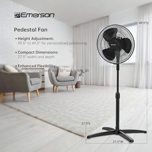 Emerson 16-Inch Oscillating Pedestal Fan with 3-Speed Control & Adjustable Height - Black FAO1605-B