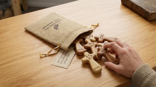 Mini Olive Wood Pocket Cross Set of 3 - Faith, Hope & Love - Bethlehem Carved Religious Keepsakes