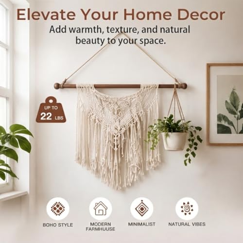 Adjustable Walnut Finish Wood Poster Hanger - 12-40 Inches Tapestry Rod with Rope