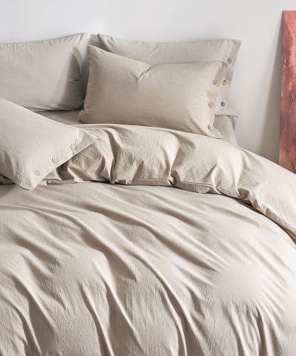 JELLYMONI 100% Washed Cotton Duvet Cover Queen - Khaki Beige Linen-Like