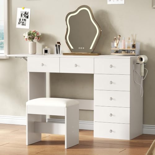 Vanity Desk with Drop Leaf Glass Top — 7-Drawer Wood Dressing Table with Charging Station, Stool, 43.3"