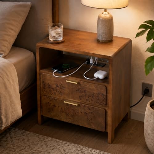 Burl Finish Nightstand with USB-C & 2 AC Outlets, 2-Drawer Bedside Table - Brown