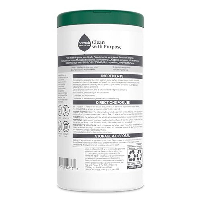 Seventh Generation Disinfecting Multi-Surface Wipes, Lemongrass Citrus, 70 Count, Pack of 3 (Packaging May Vary)