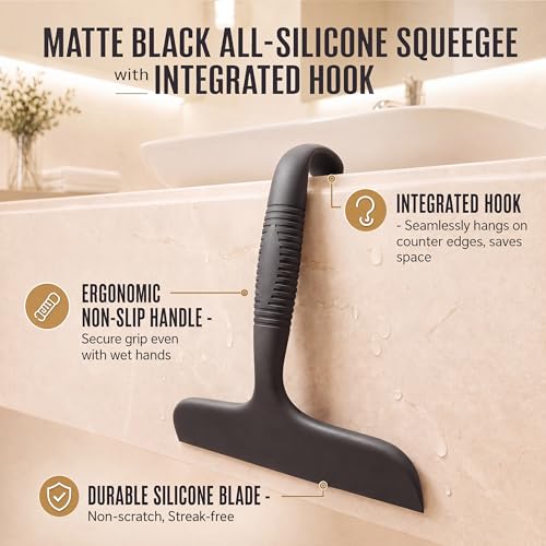 Black Silicone Shower Squeegee for Glass Doors with Built-In Hook