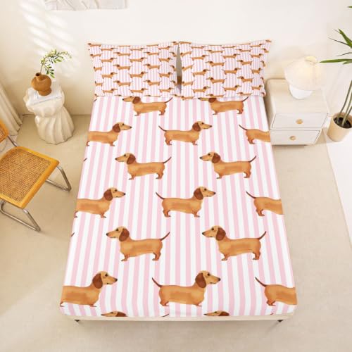 Castle Fairy Pink Striped Dachshund Bed Sheet Set King Size - Deep Pocket Kids Bedding