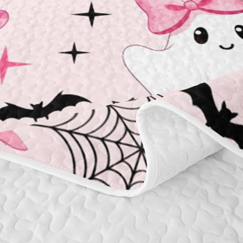 Pink Full Size Halloween Quilt Bedding Set - Fairy Ghost Cartoon Bedspread with Pillowcases