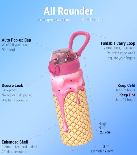 3D Strawberry Ice Cream Water Bottle 23.2oz Insulated Reusable Bottle