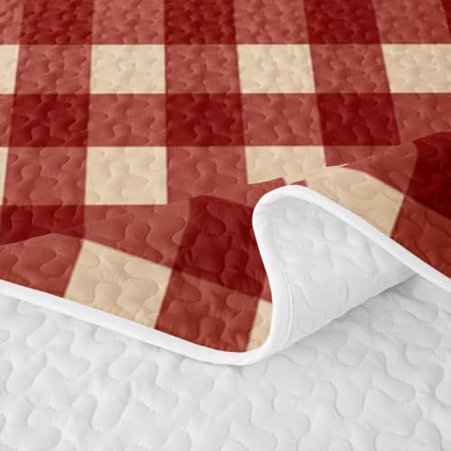 Manfei Gingham Red Twin Quilt Set with Pillow Sham - Microfiber Lightweight Farmhouse Bedding