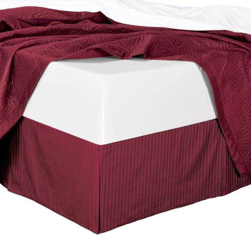 Burgundy Stripe Queen Bed Skirt with Split Corners - 15 Inch Drop, 100% Cotton