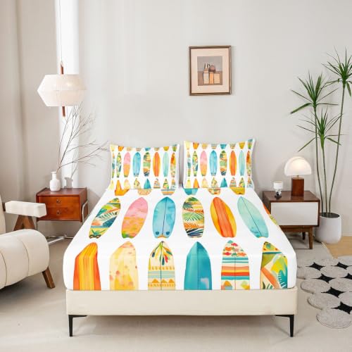 Colorful Surfboard Bed Sheets Set Full Size Beach Style Kids Bedding - Tropical Wave Print