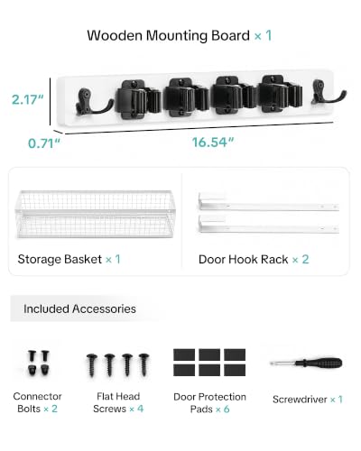 Over the Door Broom Organizer with Basket - No-Drill Wall Mount Storage