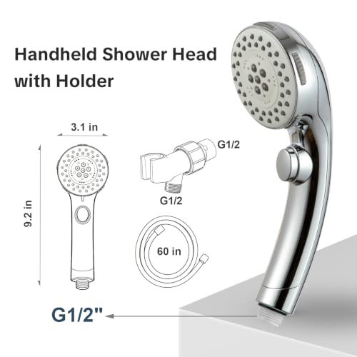 Handheld Shower Head with 5 Modes, Chrome, 60-Inch Stainless Steel Hose & Holder