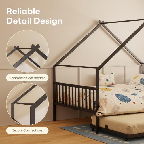Full Daybed with Trundle House Style Black Metal Frame for Bedroom