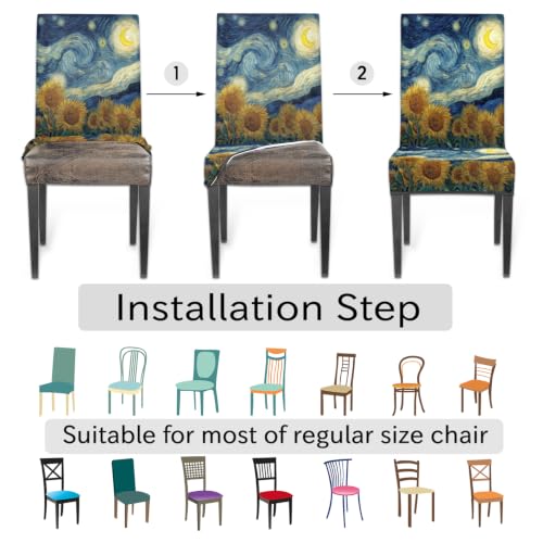 Sunflowers Swirly Moon Print Dining Chair Covers Set of 4 - Removable Washable Stretch Slipcovers for Kitchen
