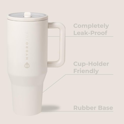 HydroJug Traveler - 32 oz Water Bottle with Handle & Flip Straw - Fits in Cup Holder, Leak Resistant Tumbler-Reusable Insulated Stainless Steel & Rubber Base - Gifts for Women & Men, Cream