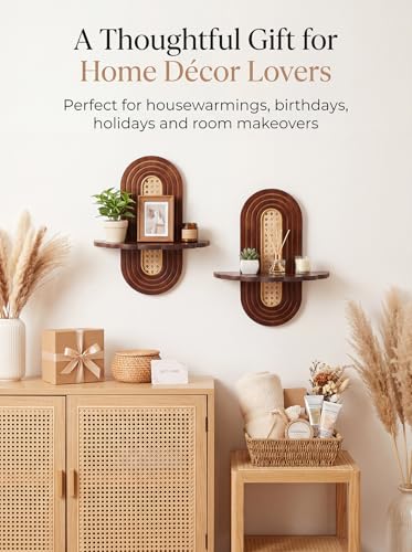 Boho Wall Shelves 2 Pack - Bamboo with Handwoven Rattan for Plants & Decor