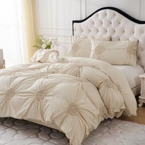 Full Size Beige Ruched Flower Duvet Set 3-Piece Boho Bedding - Beige / Full