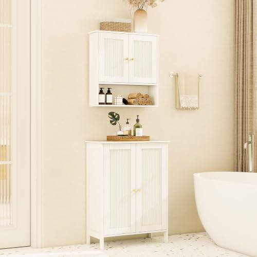 White Fluted Bathroom Storage Cabinet & Medicine Cabinet Set