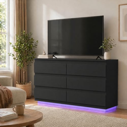 Black 6-Drawer Dresser with LED Light & Charging Station - Variation: Black