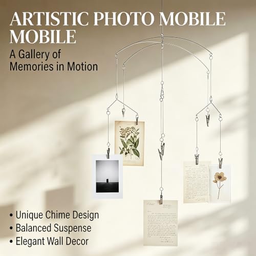 Hanging Photo Mobile with 10 Clips - Silver Rotating Wire Display for Photos