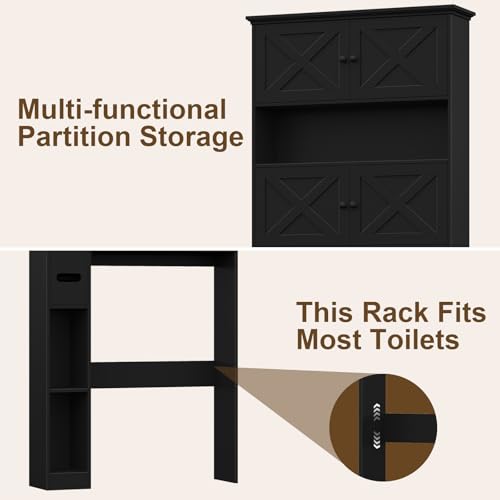 Over Toilet Storage Cabinet with Doors & Paper Holder, Black - Space Saving Bathroom Organizer