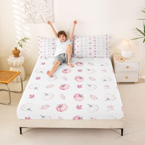 Autumn Pumpkin Kids Fitted Sheet Set with Pillowcases - Pink, Full Size W54 x L75 inches