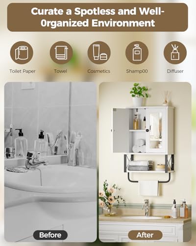 Wall-Mounted Bathroom Medicine Cabinet with Mirror and Towel Bar