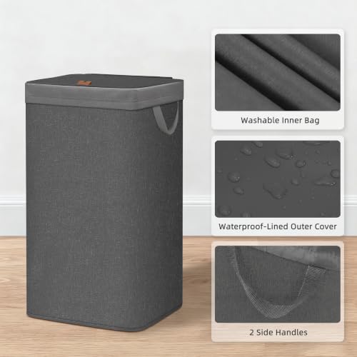 Laundry Hamper with Metal Frame and Lid - Tall Storage Baskets, Black, 90L