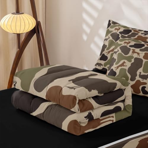 Kids Deer Bear Zipper Bedding Set - Twin Camo Brown, 4-Piece