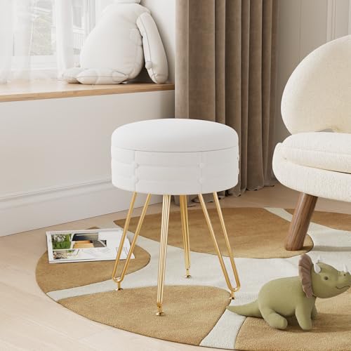 Round Velvet Vanity Stool with Storage – White Faux Fur Makeup Chair, 4 Metal Legs