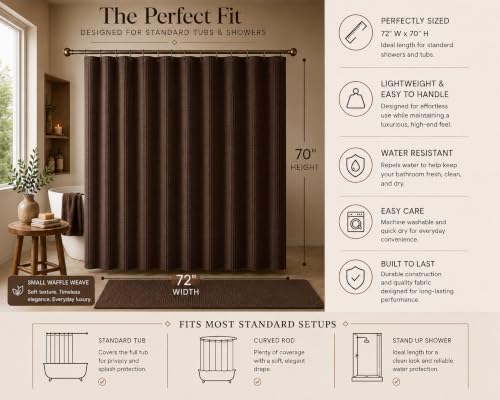 Brown Hotel Style Waffle Weave Shower Curtain - Textured Fabric, Water Resistant, 72x70 Inch, Machine Washable