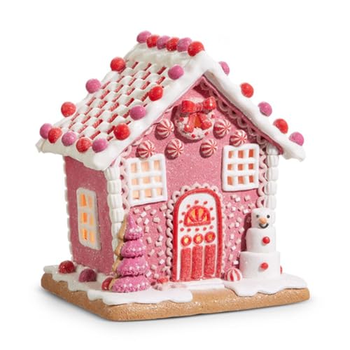 Lighted Pink Gingerbread House Decor - 8.5-inch Clay Dough Christmas Ornament