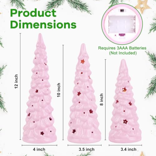 Pink Ceramic Christmas Trees Light Up Set of 3 - Holiday Decor