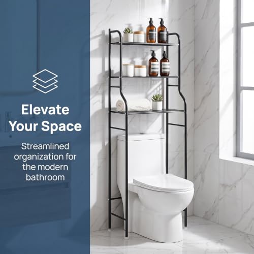 Over Toilet Storage Shelf with Hooks & Anti-Tip Kit, Black Bathroom Organizer