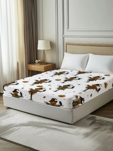 Halloween Twin Flat Sheet with Pumpkins & Crows - Orange, 66x96 inches, Soft Bedding