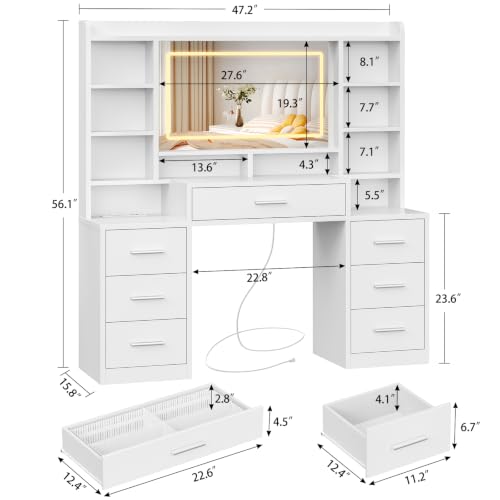 Large Vanity Desk with Mirror and 3-Color LED Lights, 7 Drawers & 6 Shelves, USB & Power Outlets, White