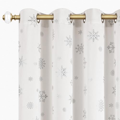 Christmas Curtains 84 Inch Silver Snowflake Foil Print White Velvet - White/Silver Snowflake