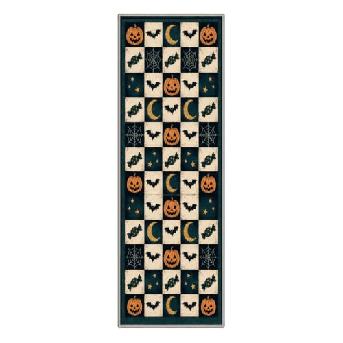 Halloween Runner Rug Pumpkin Moon Bat Non Slip 2x6 Antique Teal